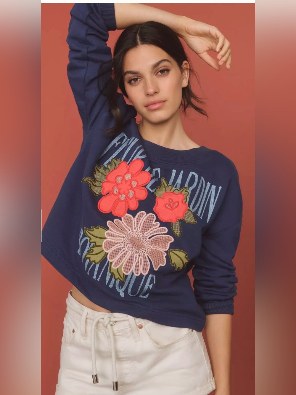 By Anthropologie Floral Appliqué Crewneck Sweatshirt Size Small